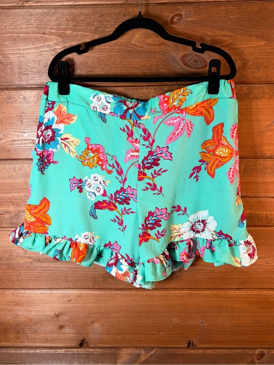 None Pants - Turquoise Floral Ruffle-Hem Shorts Size XL 💕🌴